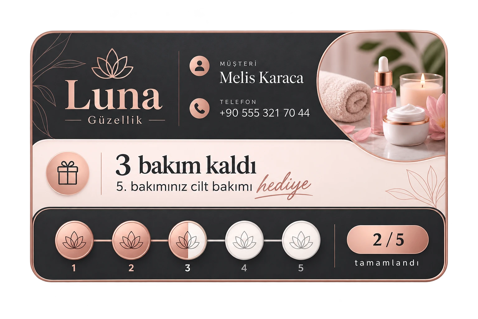 Güzellik merkezi için özel tasarlanmış sadakat kartı arayüzü