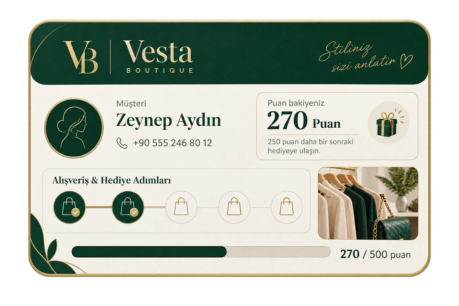 Butik için özel tasarlanmış sadakat kartı arayüzü