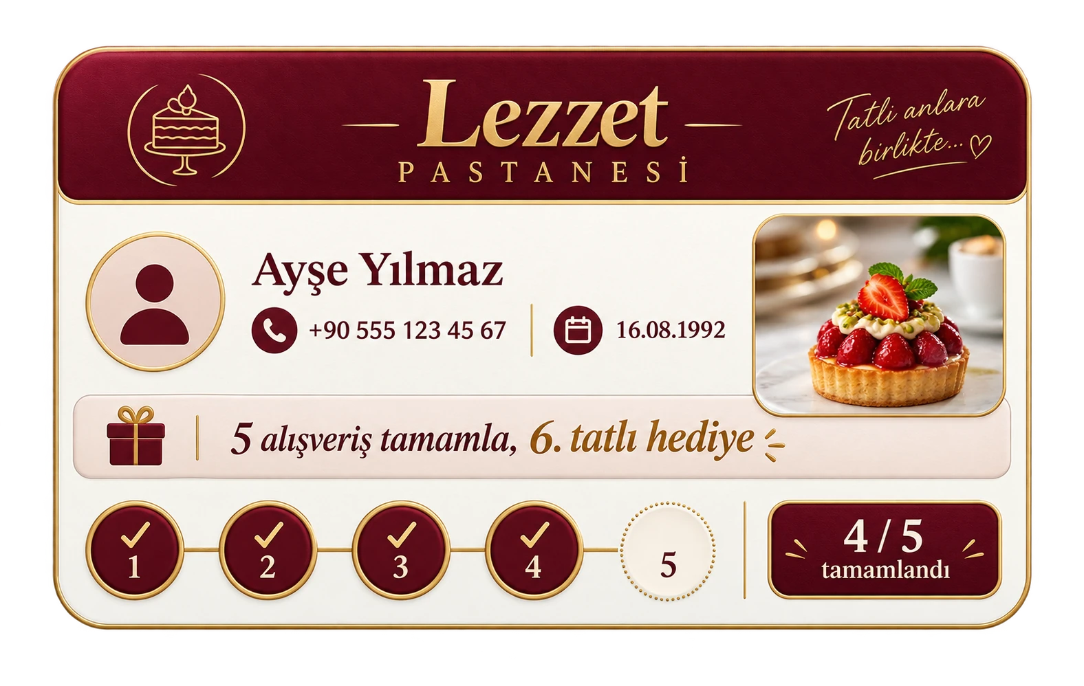 Pastane için özel tasarlanmış sadakat kartı arayüzü