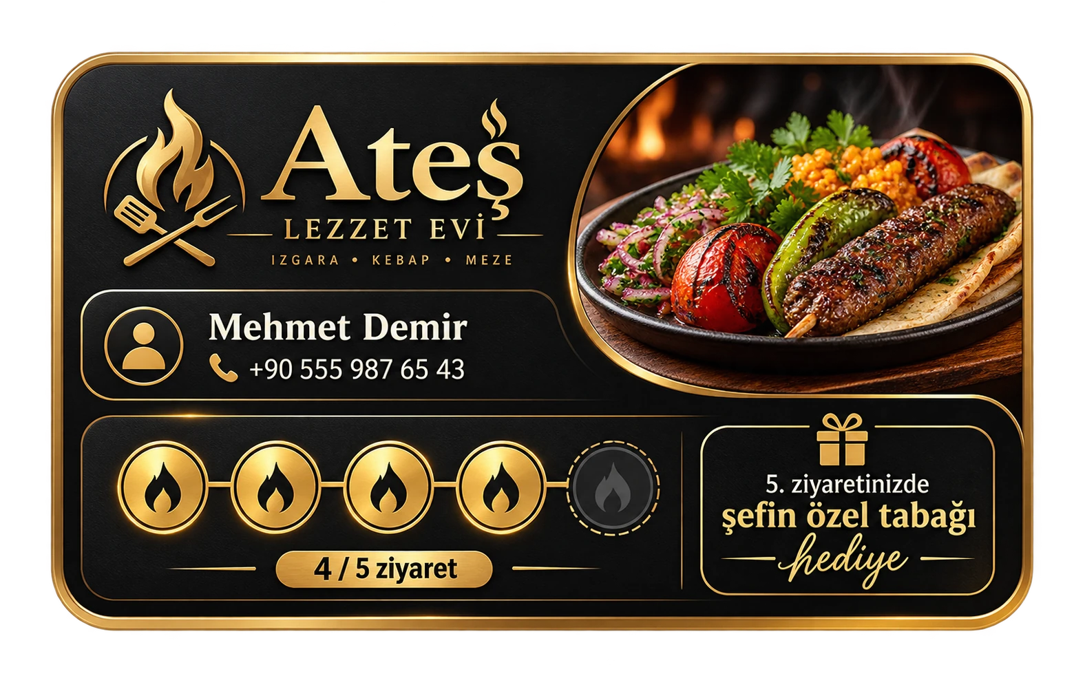 Restoran için özel tasarlanmış sadakat kartı arayüzü