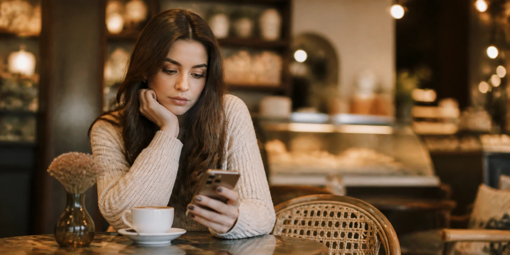 Kafede telefonuna bakan ve işletmeyi hatırlamak için nedeni olmayan müşteri