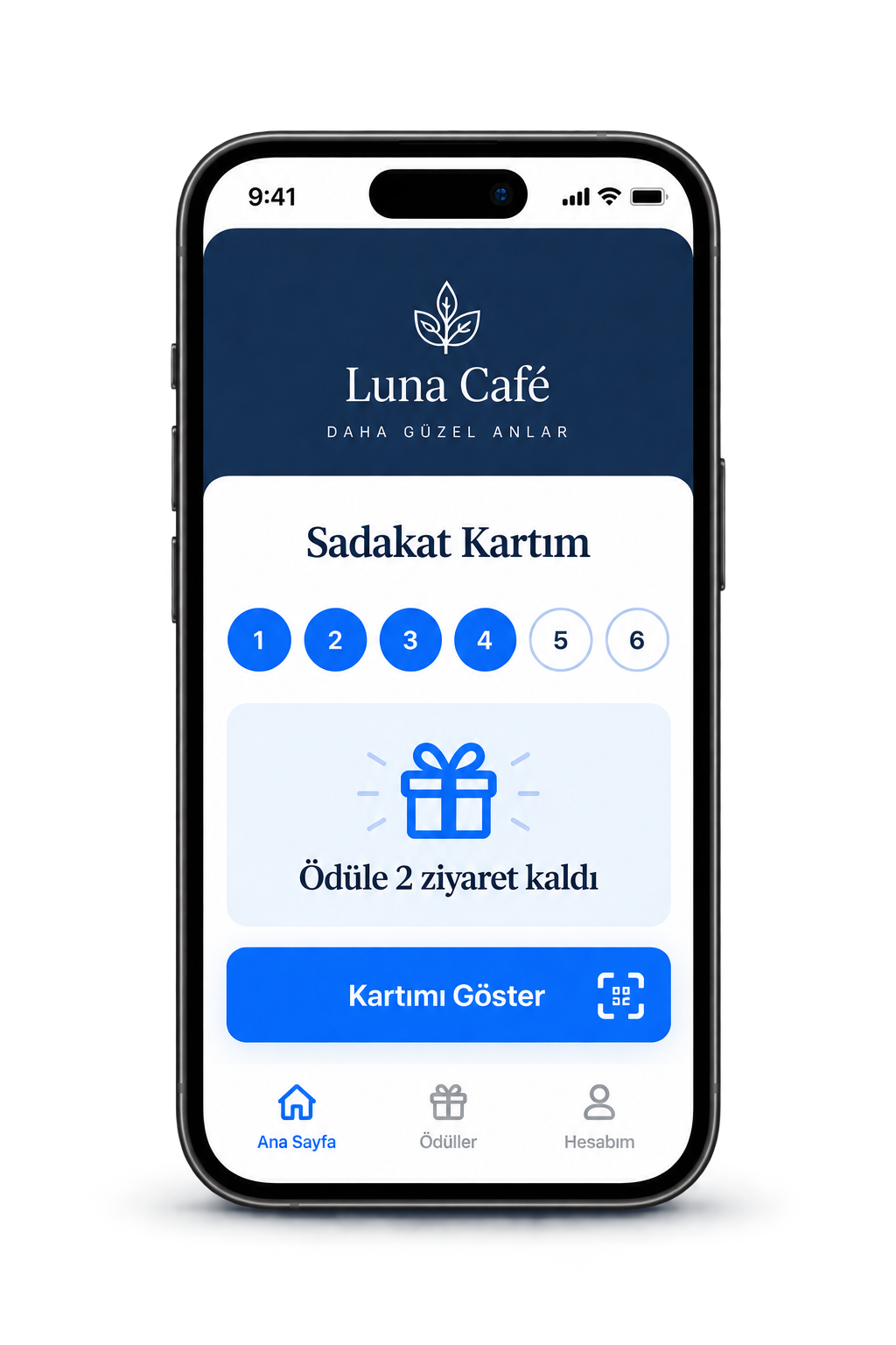 Luna Café mobil sadakat kartında ziyaret ilerlemesi, ödül ve QR erişimi