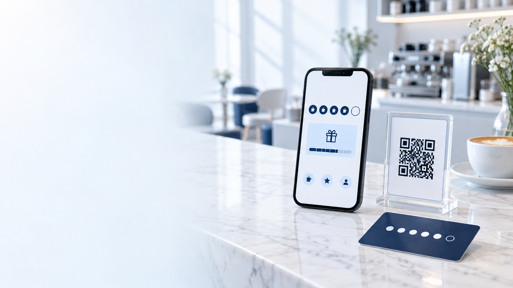 Telefon ekranında ziyaret ilerlemesi, masaüstü QR standı ve sadakat kartı