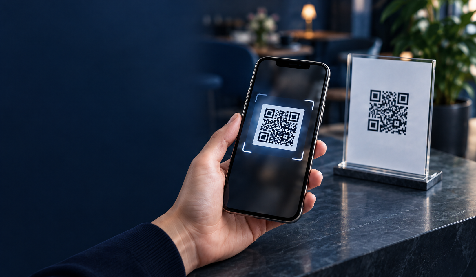 Telefonuyla masaüstü QR kodunu tarayan müşteri